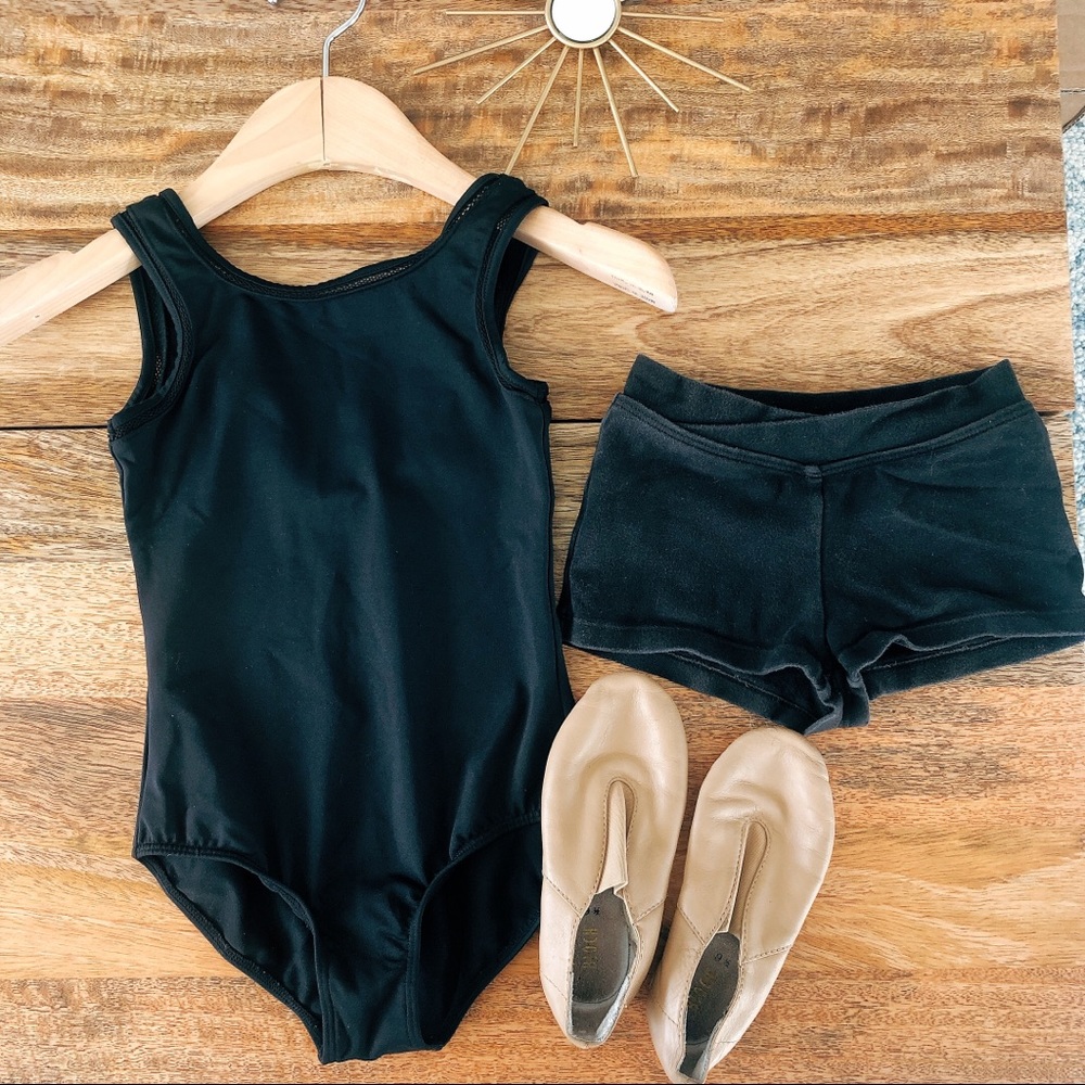 Girls Jazz Dance Leotard, shorts, and shoes 9.5